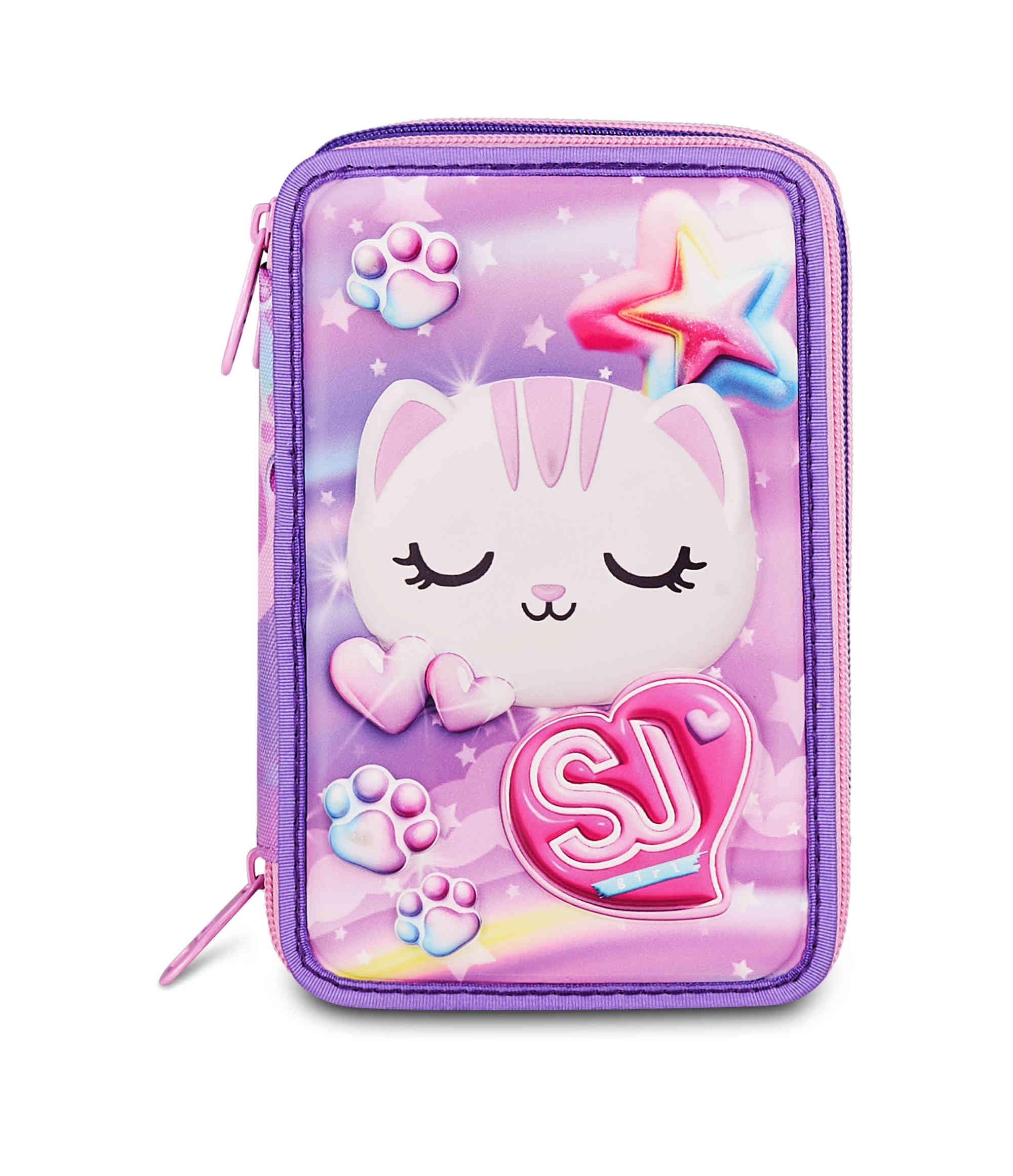 Astuccio Scuola 3 Zip 3D GLOWCAT Rosa Triplo Scomparto Scocca semi rigida 45 pezzi