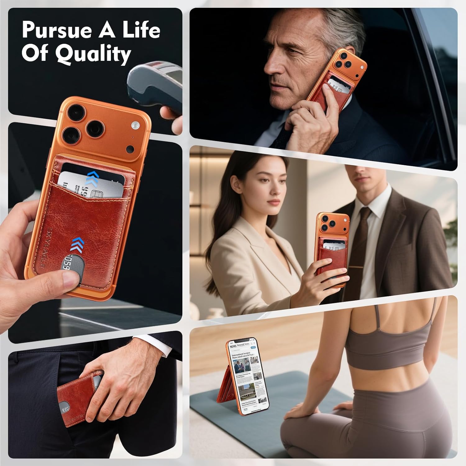 SkyEagle Compatible with Magsafe Case with Card Holder for Men Women Magnetic Ultra-Thin Wallet Bracket Adjustable Bracket for iPhone 17/16/15/14/13/12 Pro/Pro Max/PlusSeries,Brown