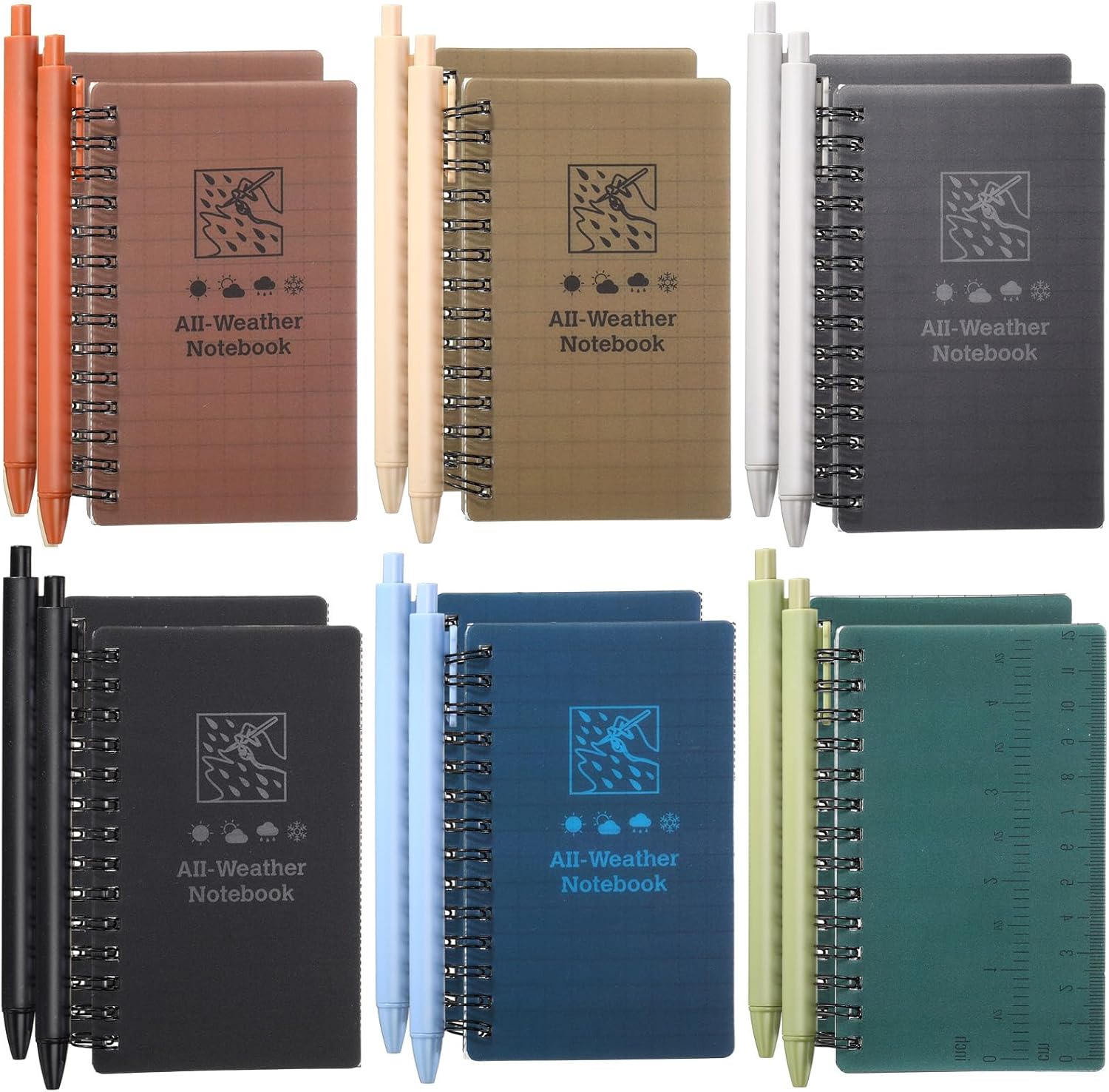 PerKoop 24 Pcs Waterproof Notebook and Ballpoint Pen All Weather 3x5'' Pocket Tactical Notepad Small Spiral Memo Notebook with Grid Paper Ballpoint Pen for Outdoor Activities Recording (Dark Color)