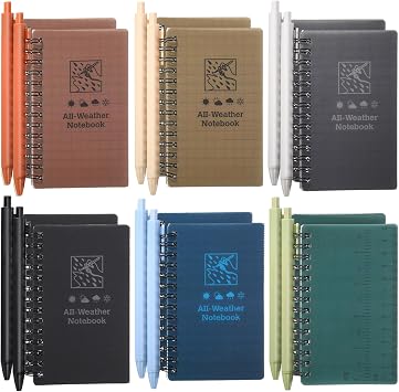 PerKoop 24 Pcs Waterproof Notebook and Ballpoint Pen All Weather 3x5 Pocket Tactical Notepad Small Spiral Memo Notebook with Grid Paper Ballpoint Pen for Outdoor Activities Recording Dark Color