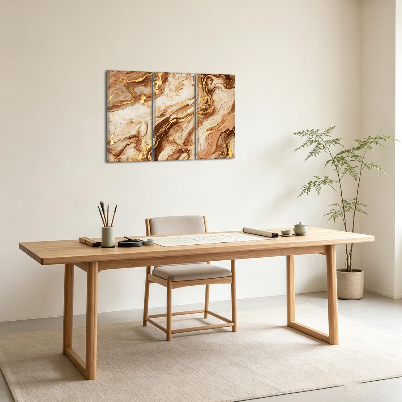 CXHOSTENT Braun und Gold Leinwand Bilder 3 Panel Abstraktes Marmor Gemälde Große Bilder Drucke Luxus Dekor für Wohnzimmer Flur Büro Gerahmt(Braun, 20.00 x 40.00 cms x 3PCS)