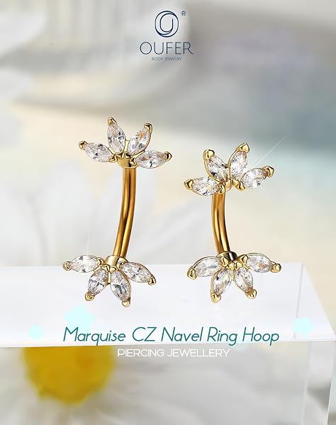 OUFER 14G Or Piercing Nombril Acier Chirurgical 316L Fleur Piercing de Ventre Transparent/Noir Marquise CZ Anneau Nombril Belly Button Bar pour Femme 8/10 mm - 5