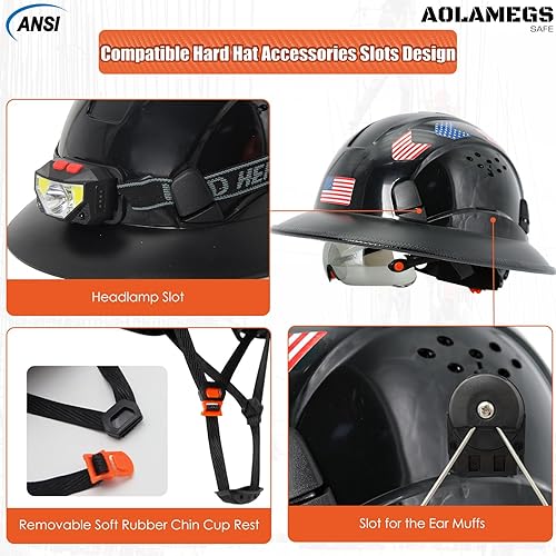 Miniatura 5 de Aolamegs Safe Cascos De Construccion - Casco de ala completa con visera transparente aprobado por la OSHA y correa para la barbilla, casco de