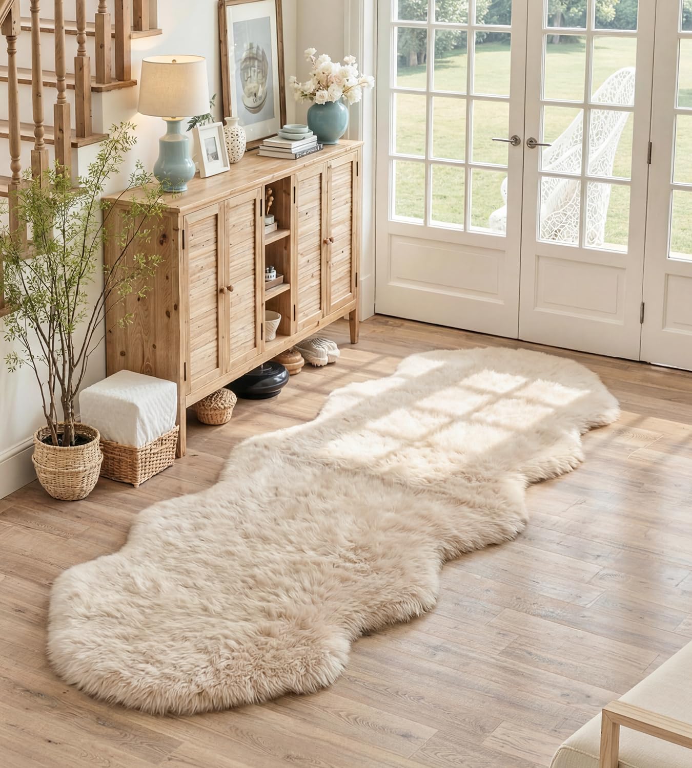 ROHATIM Teppich Läufer Fellform 60x180 cm Beige | Waschbar, Rutschfest, Flauschig, Kunstfell, Bettvorleger