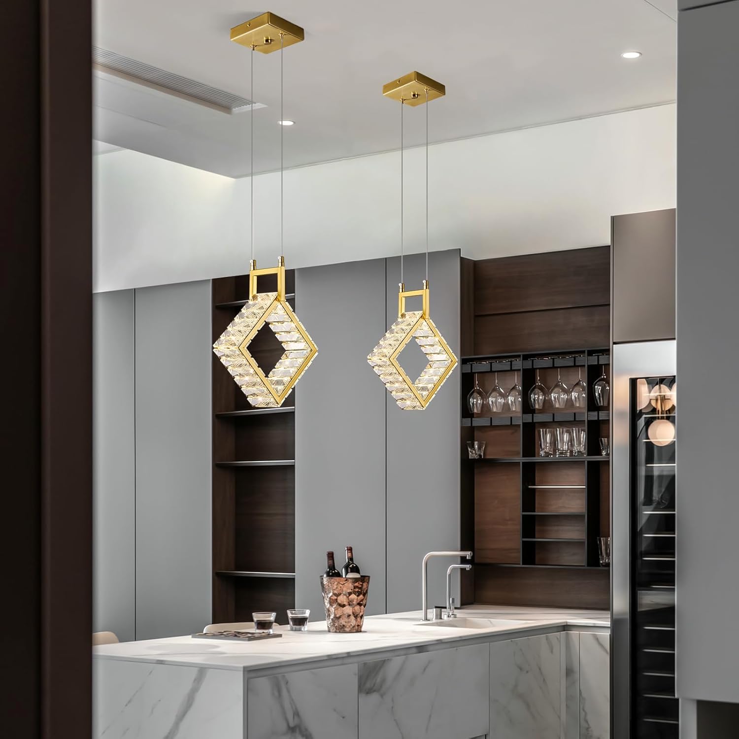 Kitchen Island Mini Light Fixture Modern Led Crystal Pendant Light Gold Square Chandelier for Dining Room Living Room Kitchen Bedroom Bar（1-Pack）…