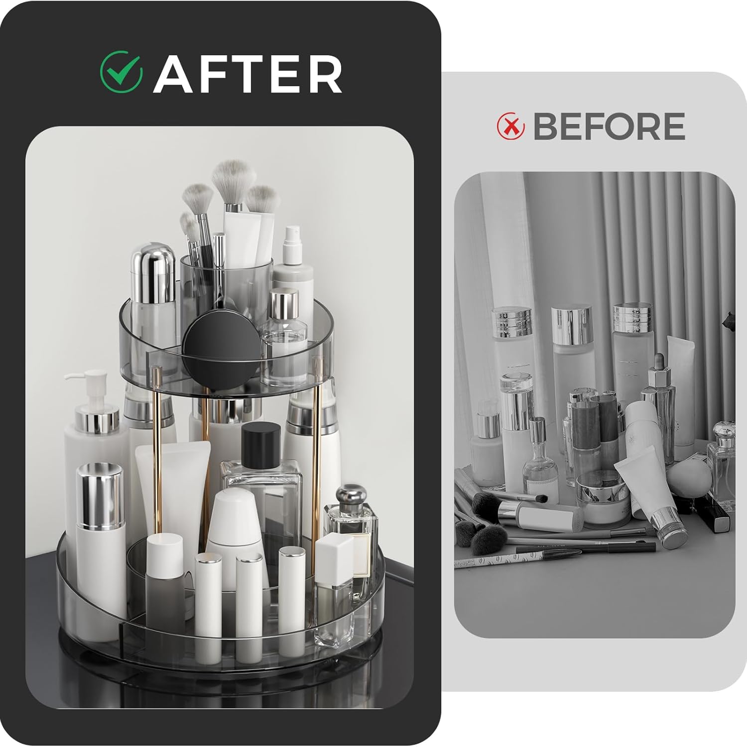 2 tier Makeup Organizer Countertop,360 Rotating Makeup Organizer for Skincare, Lipstick and Perfumes,Multi-function Cosmetic Display Cases for Vanity,Bathroom,Grey