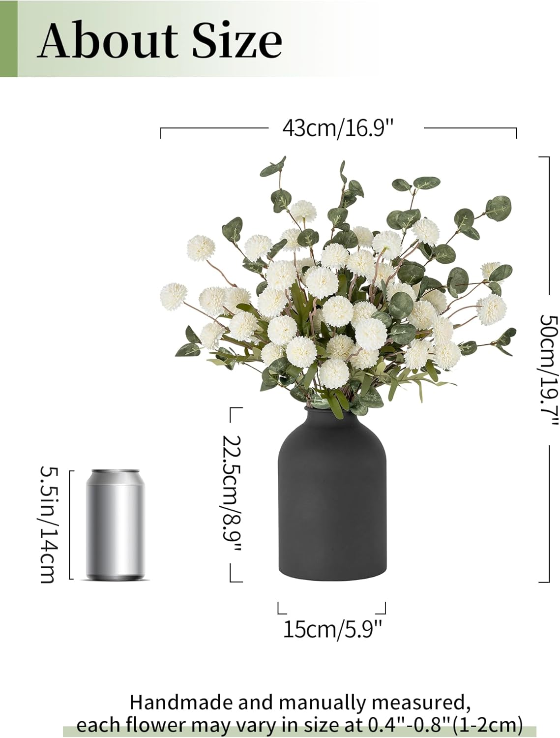 BLOSMON Fake Flowers in Vase for Centerpieces: Metal Vase with 12 Stems of Artificial Mums Kiku Flowers Eucalyptuses Home Table Decor - White Faux Pom Poms Floral Arrangements for Living Room - Image 3