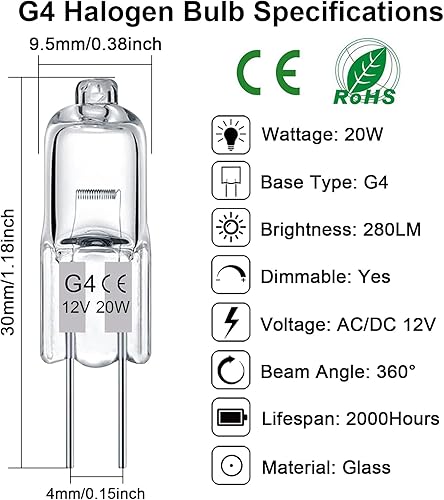 Miniatura 3 de DUMILOO Bombilla G4, bombillas halógenas de 12 V 20 W, 2 pines, paquete de 12 bombillas G4 de repuesto para luz de disco debajo del gabinete,