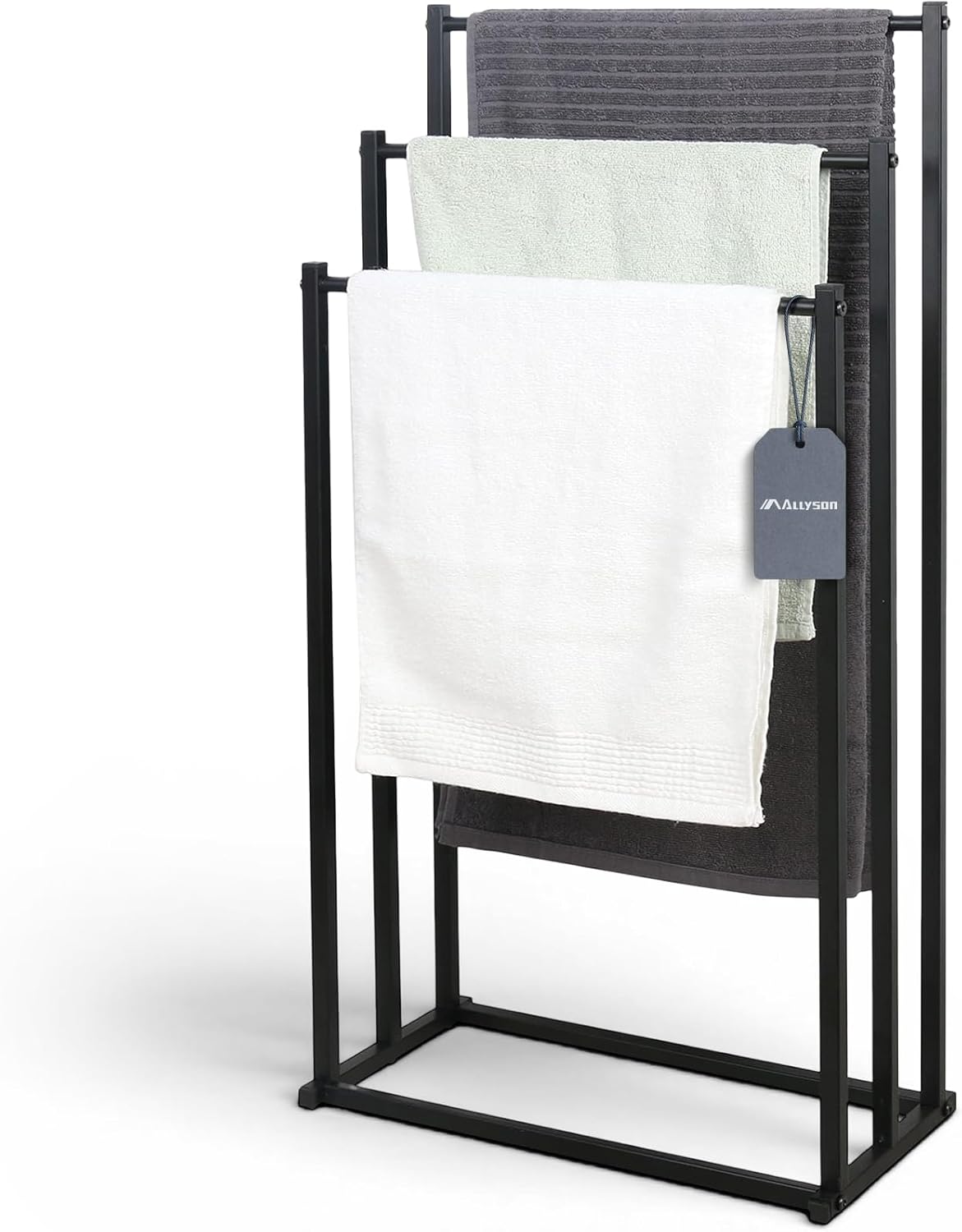 Allyson® Handtuchständer freistehend mit 3 Stangen – Schwarzer Handtuchhalter aus Metall ohne Bohren, Platzsparender Badetuchhalter Stehend für Badezimmer &amp; Wohnung (Maße: 45 × 84 × 21 cm)
