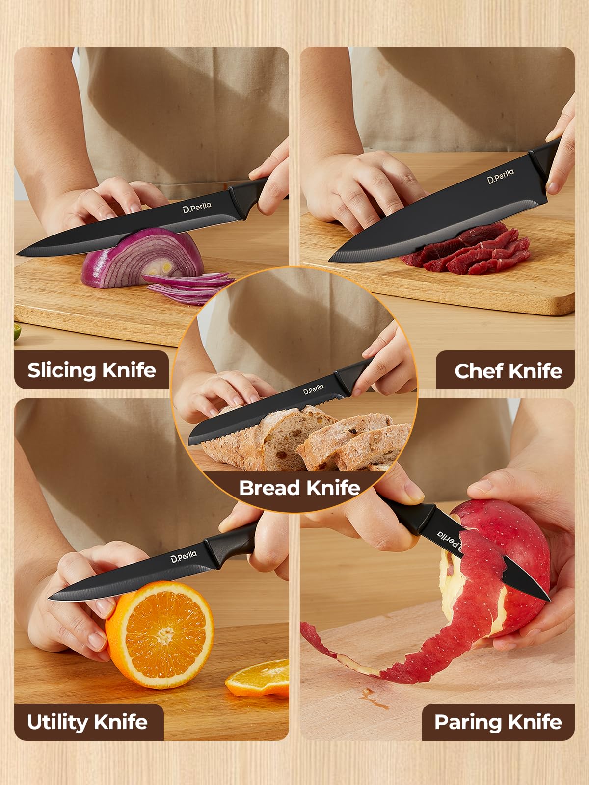 D.Perlla Juego de Cuchillos de Cocina 7 Piezas, Acero Inoxidable, Bloque con Afilador Integrado