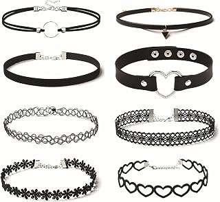 Hetenoyo 8Pcs Black Choker Necklaces, Adjustable Set for Women | 8Pcs Black Choker Set、Different Styles Included、Adjustable Necklace Design、Classic Black Color、For Daily and Party Looks