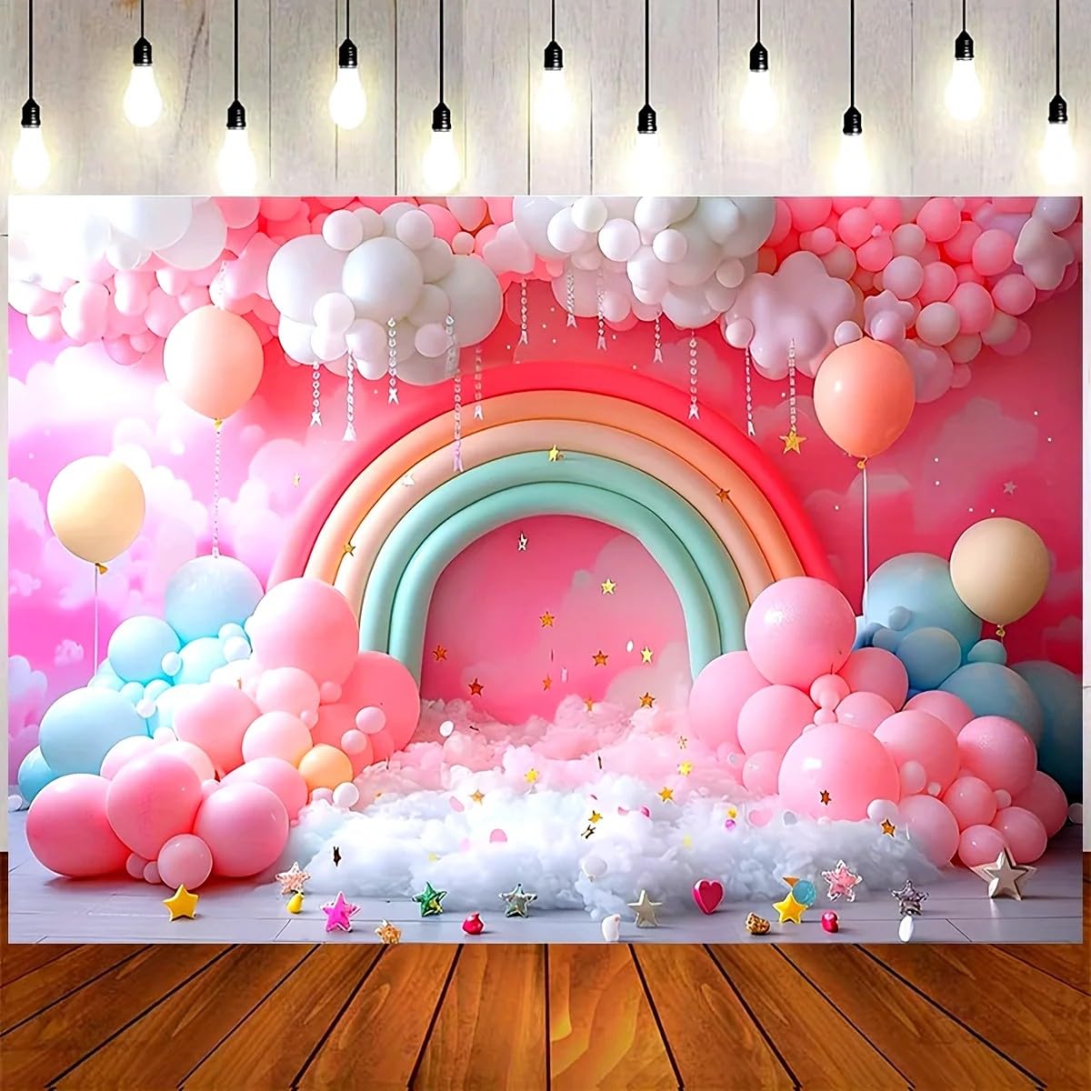 Tło balonowe z motywem tęczy – tło fotograficzne na przyjęcia urodzinowe, 440 x 300 cm