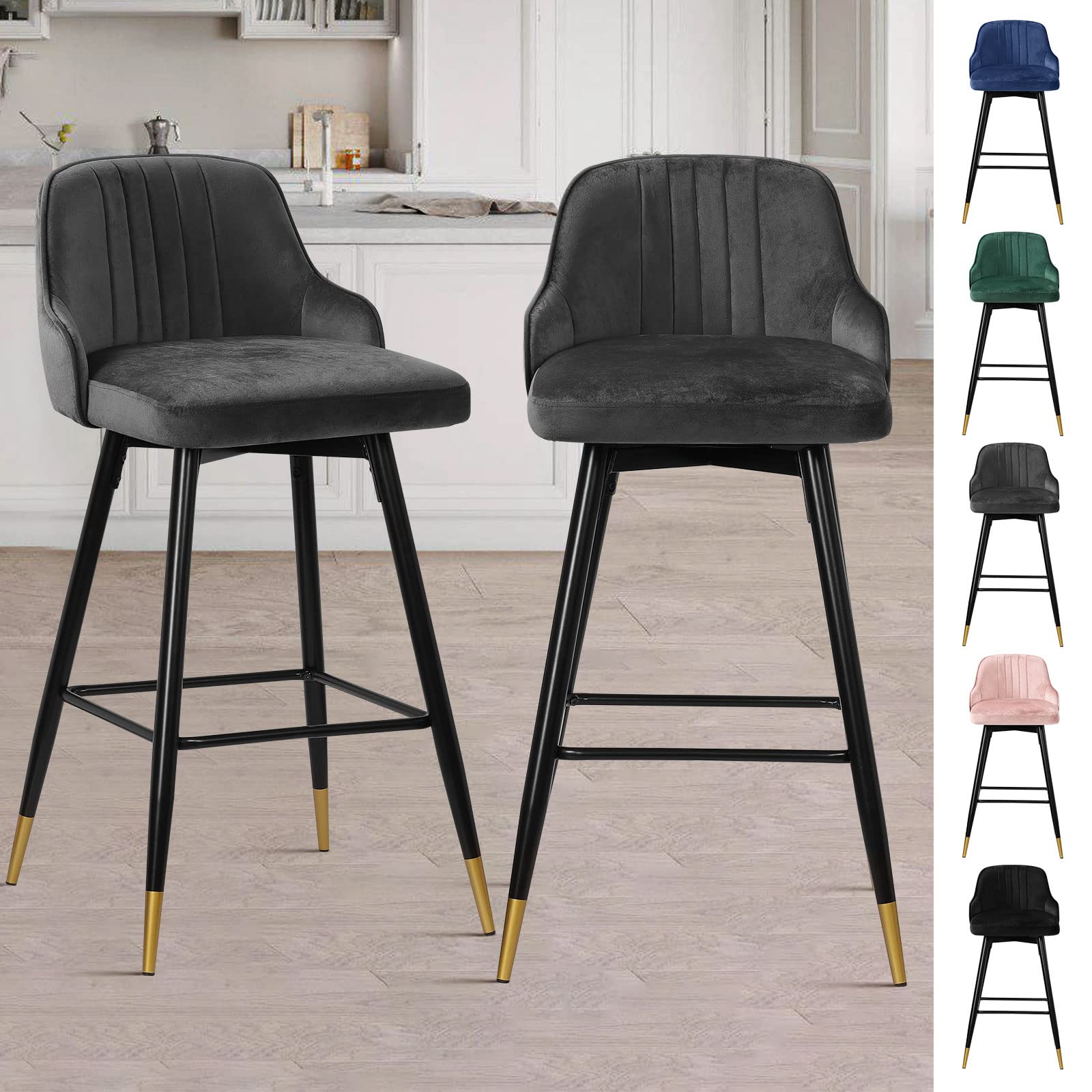 Bar Stools Set of 2, 25.6" Seat Height Bar Chairs Swivel Barstools Counter Height Bar Stools with Back, Modern Velvet Upholstered Island Stools for Kitchen Counter Top Height 35"-38", Grey