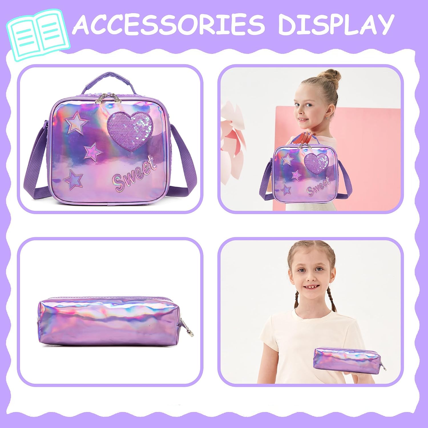 HTgroce Rolling Backpack for Girls Suitcases Trolley Roller Schoolbags Kids Backpacks on Wheels with Lunch Box Pencil Case,Purple Backpacks