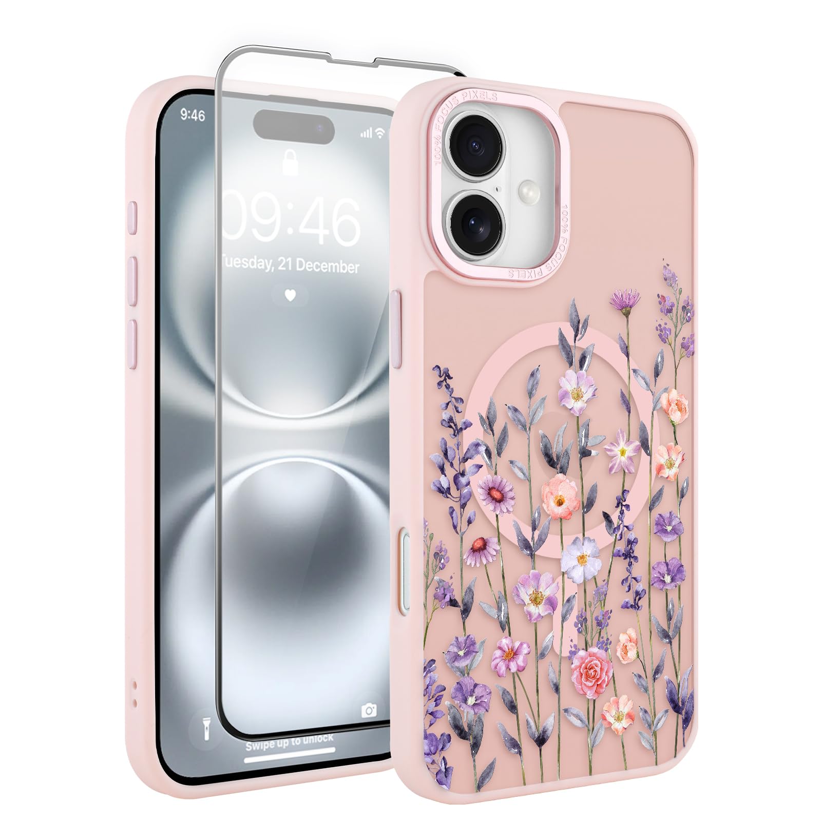 Fsoole Magnetic for iPhone 16 Plus Case 6.7" with Screen Protector [Compatible with MagSafe] Pretty Flower Floral Pattern Design, Shockproof Slim