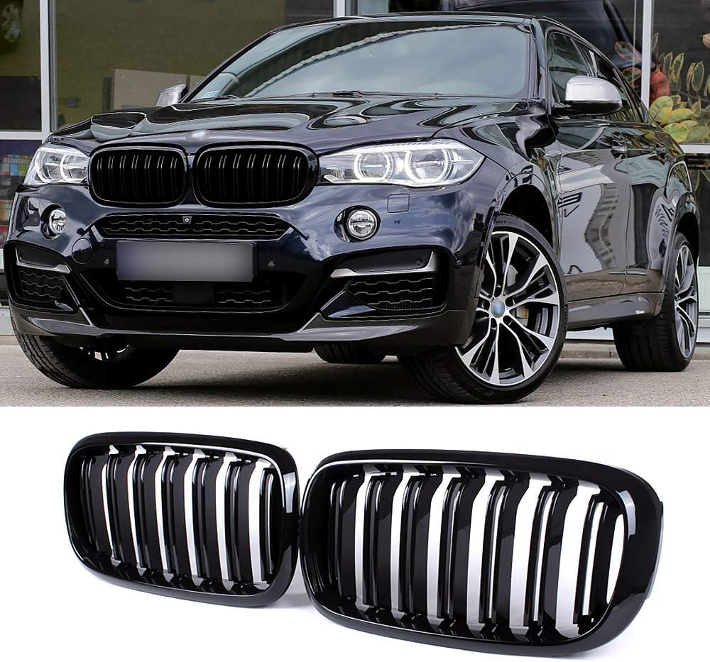 F15 Grill for BMW X5 F15 X6 F16 X5M X6M 2014-2019 (ABS Gloss Black Kidney Grill, Double Slats, 2-pc Set)