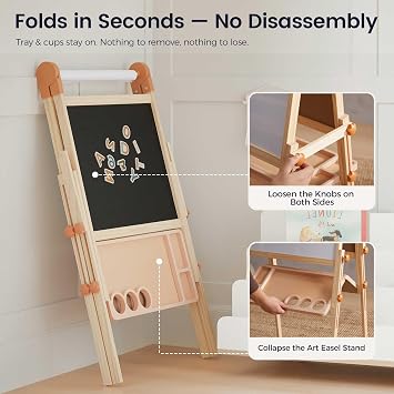 Tiny Land Foldable Wooden Art Easel for Kids, with Chalkboard & Whiteboard