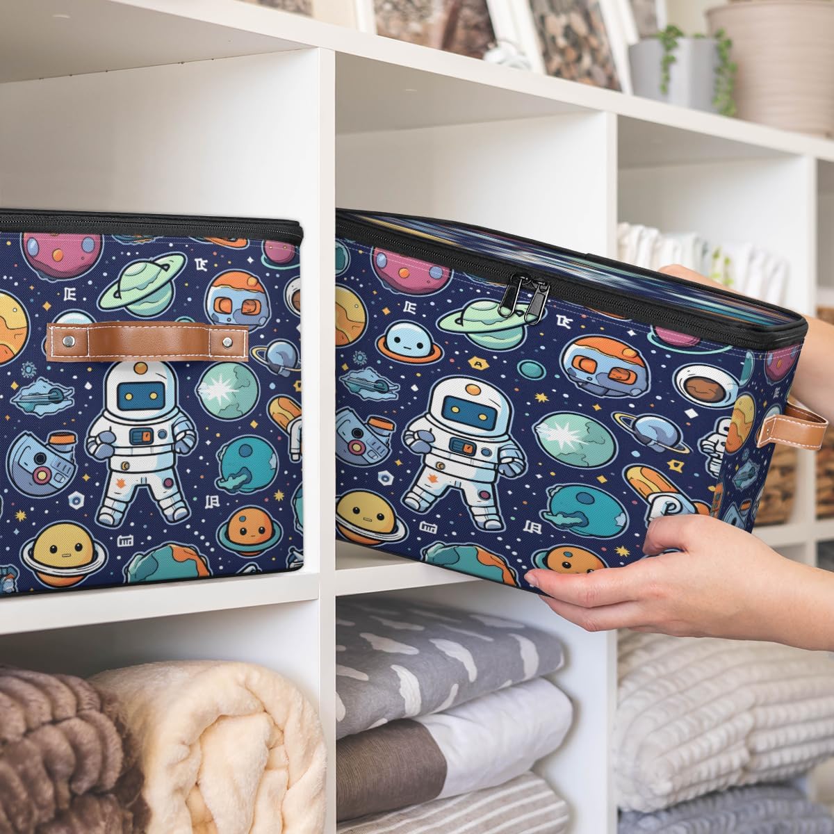 Storage Bin Set of 2 Galaxy Astronauts Storage Basket with Zipper Lid & Handle Foldable Closet Shelf 2 Pack Cloth Organizer Basket Cube Bins Clothes Organizer for Bedroom, Nursery