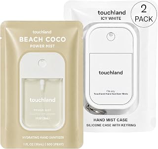 Touchland Vacation Mode Set Beach Coco Hydrating Hand Sanitizer & Case | TSA ready Power Mist with skincare benefits & Icy White case. Tropical scent, transporting you to sun-drenched shores.