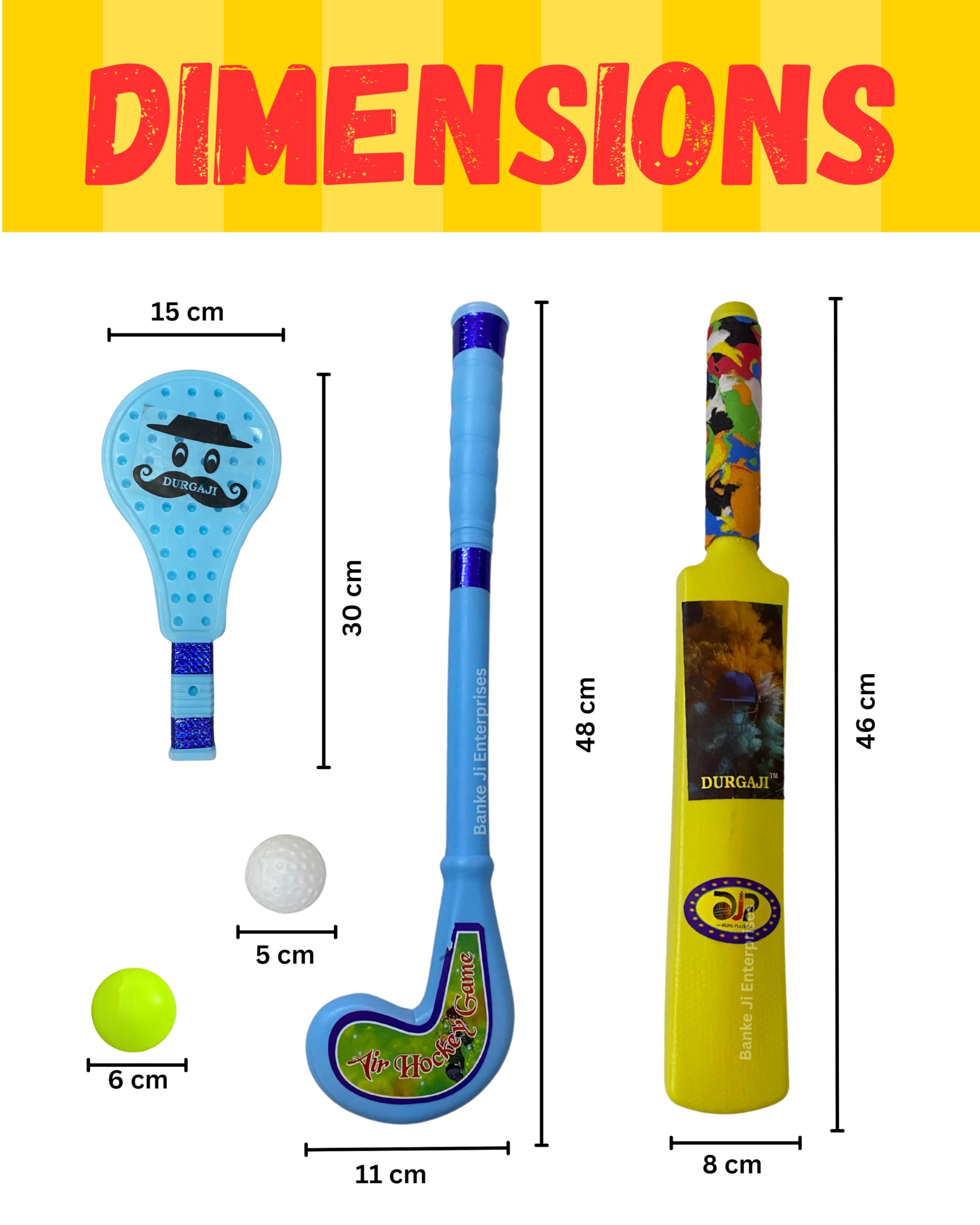 Banke Ji 3 in 1 Sports Combo - Cricket Bat, Hockey Stick, Tennis Racquet with Balls (Yellow Cricket Bat, Blue Hockey Stick & Blue Racket)