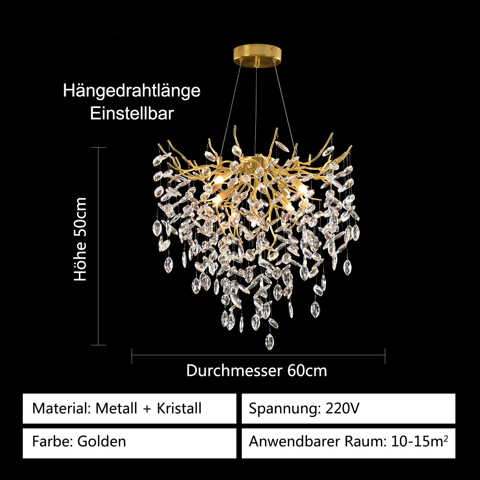 AHXIAOZN Lámpara de Araña Moderna de Cristal, Dorado Lámpara Colgante Oval de Cristal, K9 Cristal colgante de iluminación para sala de estar, comedor, dormitorio, restaurante, Dorado, 60cm