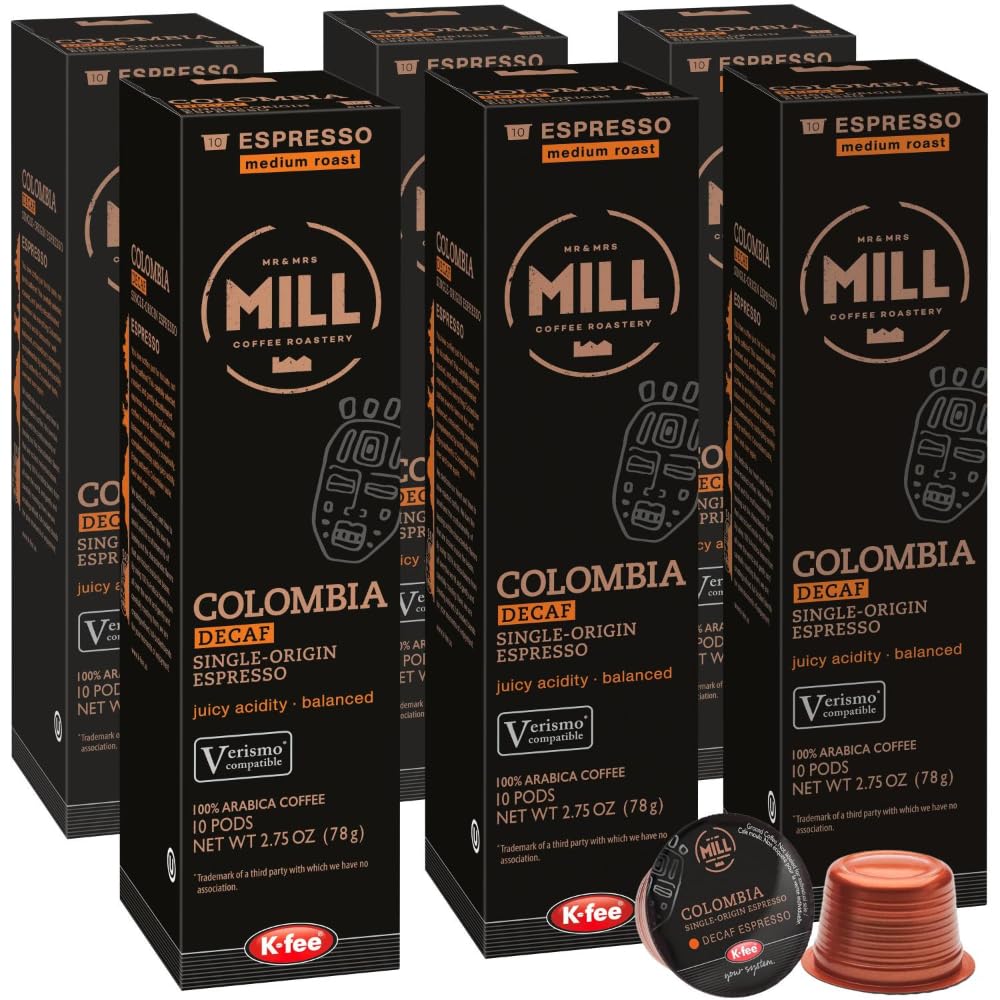 Mr & Mrs Mill Colombia Decaf Espresso Pods – K-fee® & Verismo* Compatible, Coffee Capsules | 60 Count (6 Boxes x 10 Pods) | 100% Arabica | Medium Roast | Single-Serve Espresso