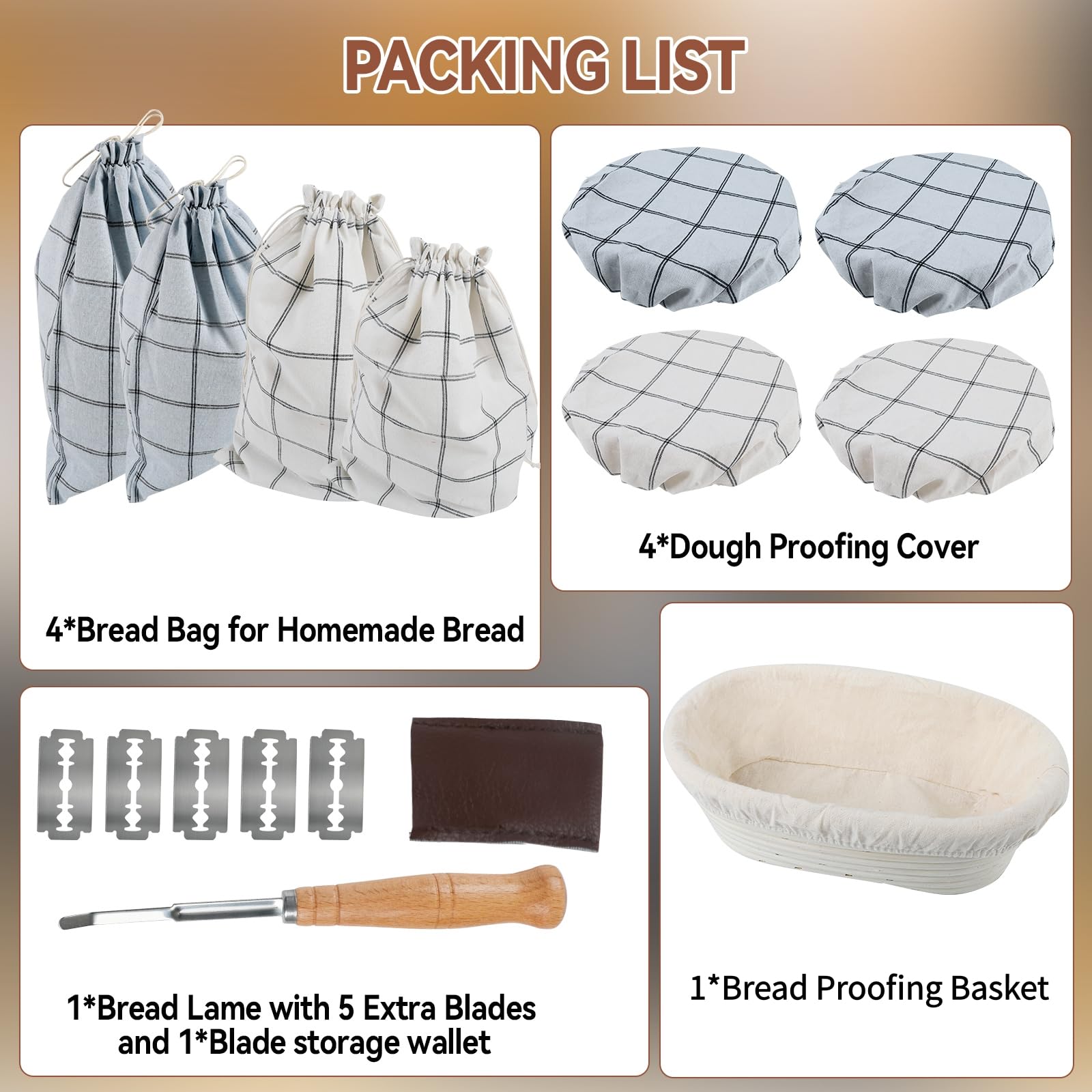 Set completo di cestini per lievitazione del pane, kit completo con 4 sacchetti per il pane, 4 coperchi per ciotole, 1 lama per segnare e accessori, lavabile e riutilizzabile per gli appassionati di