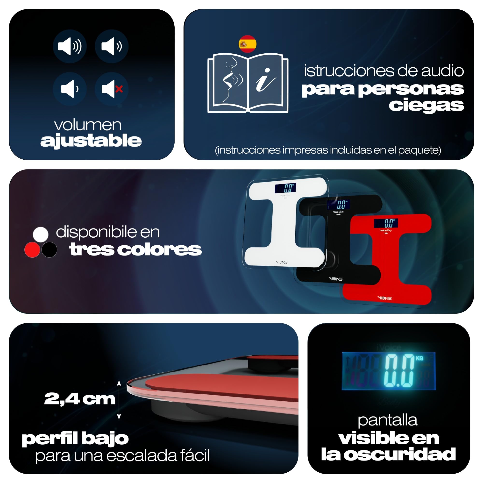 iVoice Báscula de Baño Parlante para Invidentes o Adultos Mayores. Habla 5 idiomas con Voz Clara y Ayuda Auditiva para Orientación. Repetición de Peso. Volumen Ajustable. Pilas Incluidas