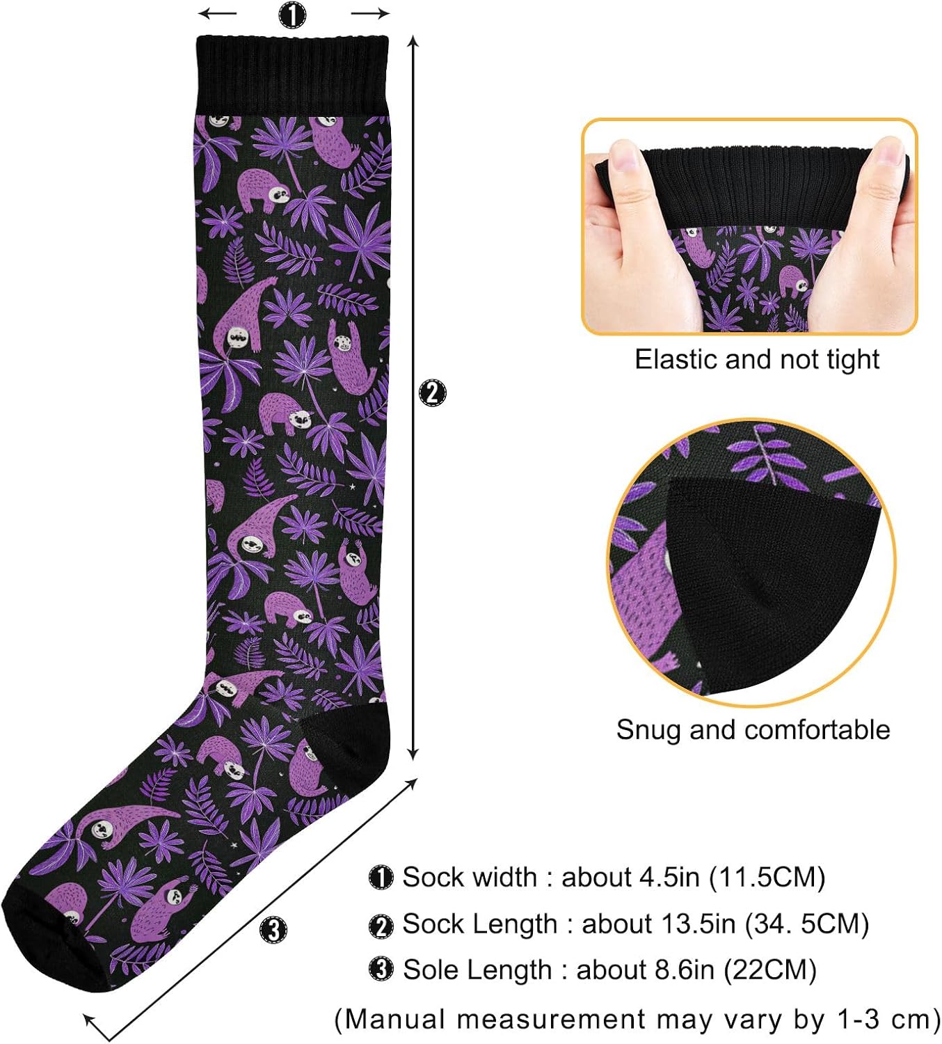 Purple Sloth Compression Socks for Women Men Knee High Running Socks for Medical Running,1 Pair - Image 4