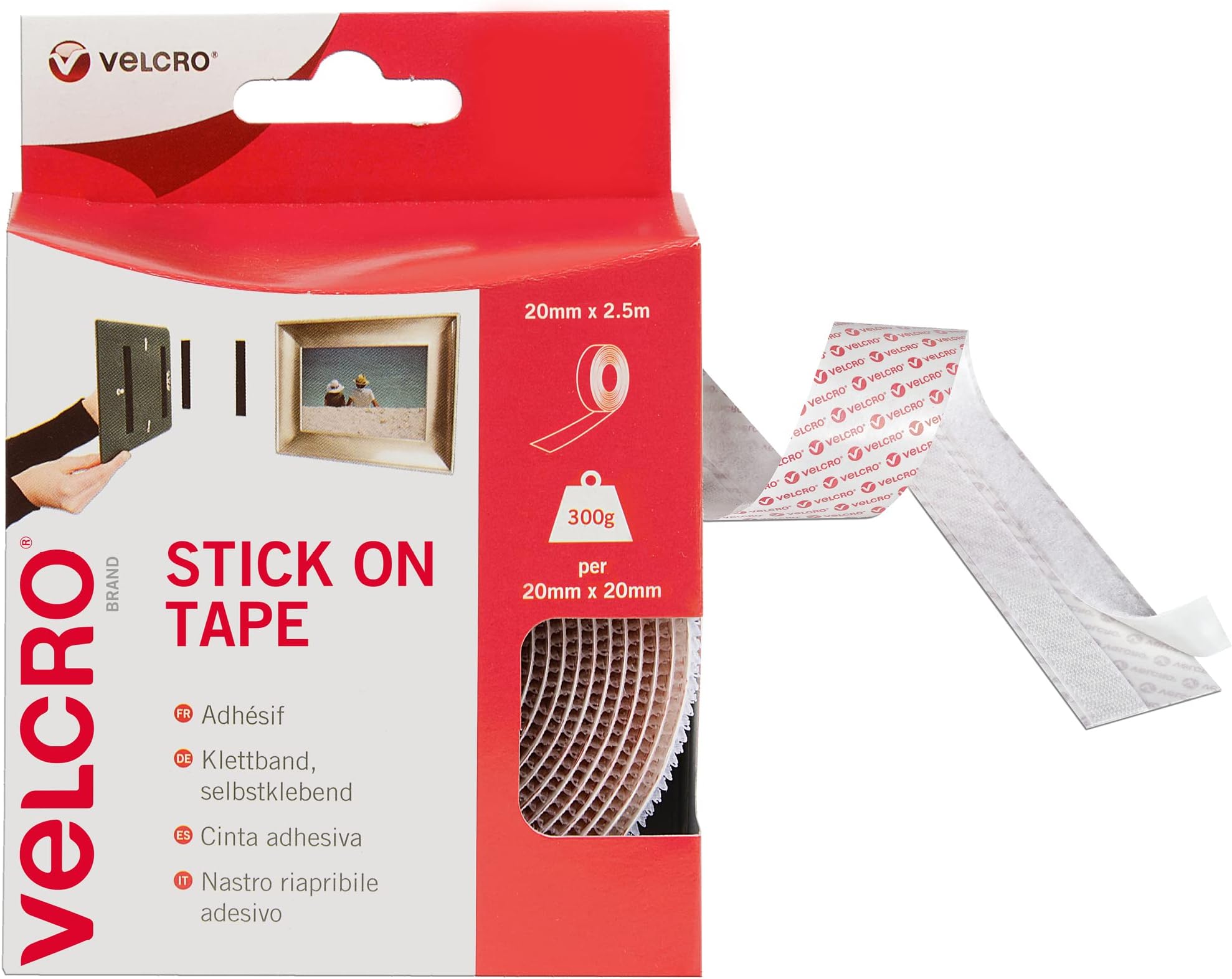 Stick On Tape , Cut-to-Length Strong Hook & Loop Self Adhesive Sticky Tape Perfect for Room Décor & Home, Office, Garage Use . White , 20mm x 2.5m