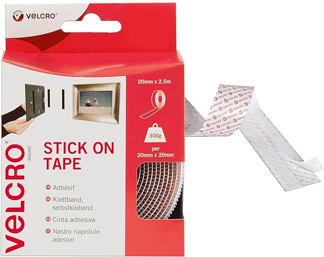VELCRO Brand Stick On White Tape, Hook and Loop Tape Self Adhesive Fastener Roll - 20mm x 2.5m. Cut-To-Length Strong & Secure Adhesive Strips - Perfect Home, Office & Garage Fasteners Solution