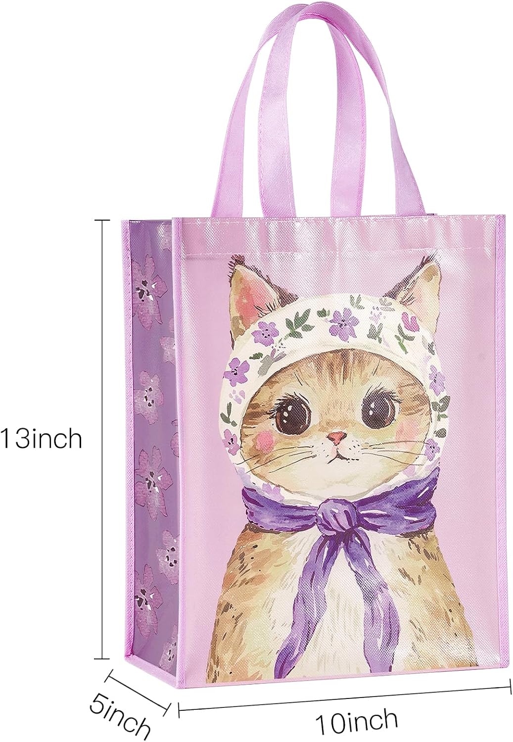 Loveinside Cat Reusable Gift Bag, Vinatge Floral Cat Design Medium Recycled Purple Pink Kitty Gift Bag for Girls, Kids, Birthday, Baby Shower, Party Favor, 10" x 5" x 13", 1 Pcs image 2