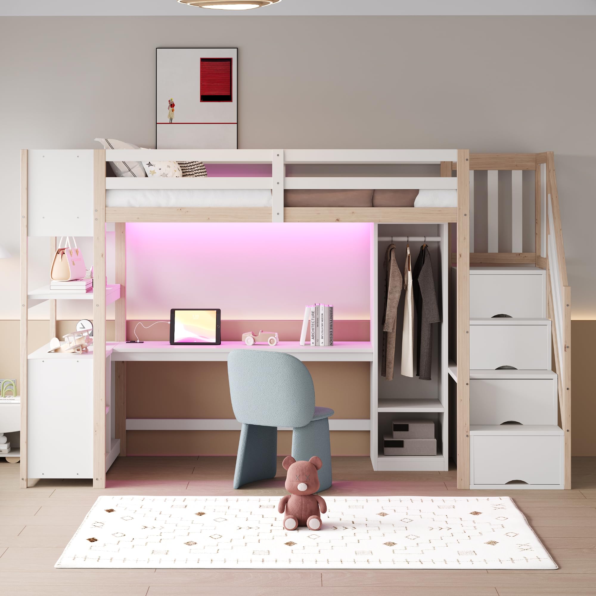 Moimhear Cama alta de madera, armario individual, escritorio grande, armario de almacenamiento, compartimento de almacenamiento, escaleras, barras de luz LED (blanco+natural)