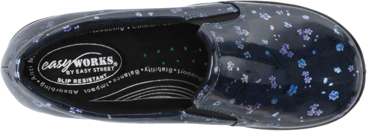 Easy Works by Easy Street womens Leeza Clog, Navy Floral Patent, 7.5 US