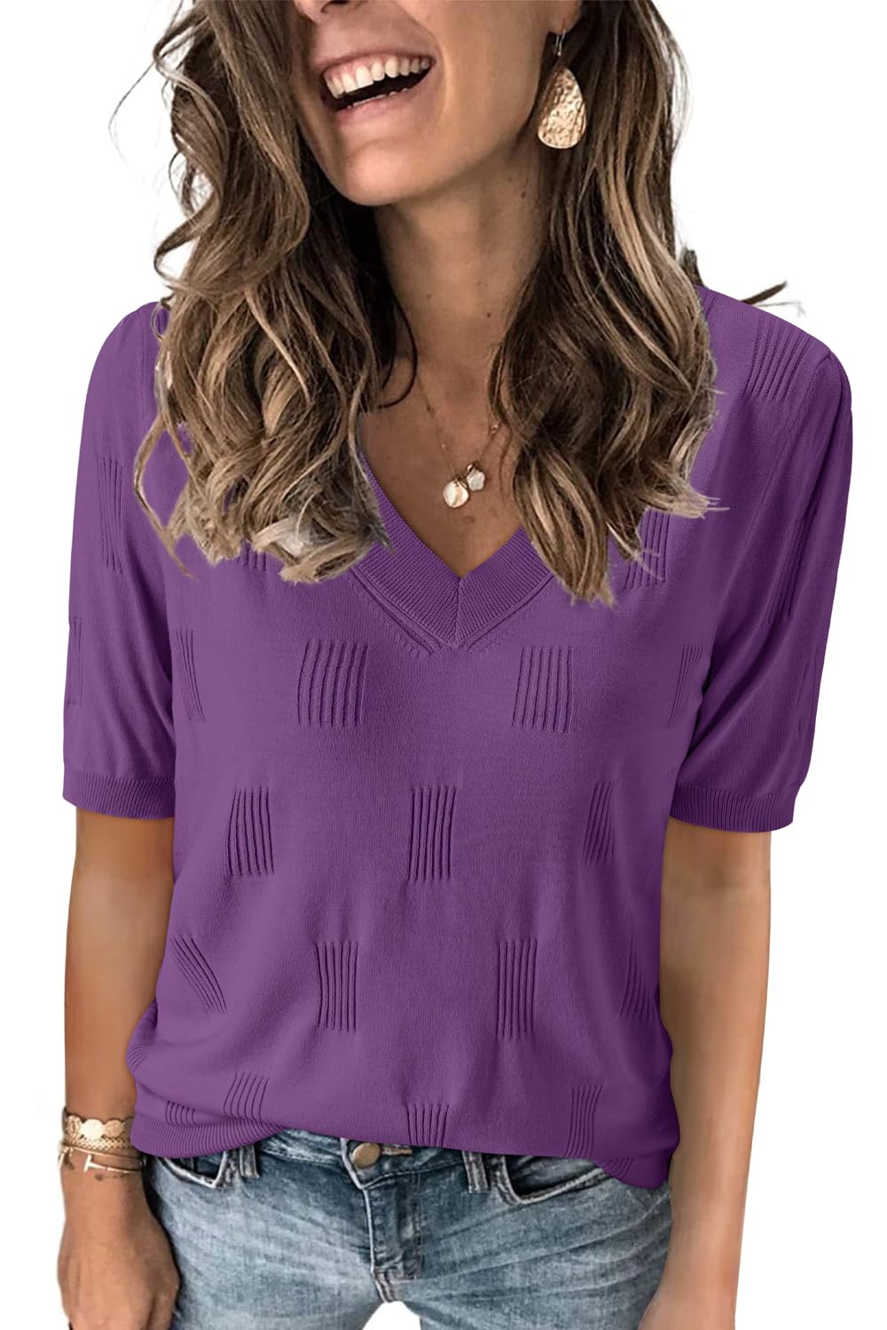 Arach&Cloz Women's Lightweight Fall Sweater Tops Casual Short Sleeve Blouses Shirts