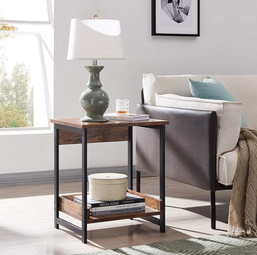 AMOAK 2-Tier End Table for Living Room, Home End Table, Industrial Side Table with Storage Shelf, Vintage Style Wooden Board, Stable Metal Frame, Rustic Brown