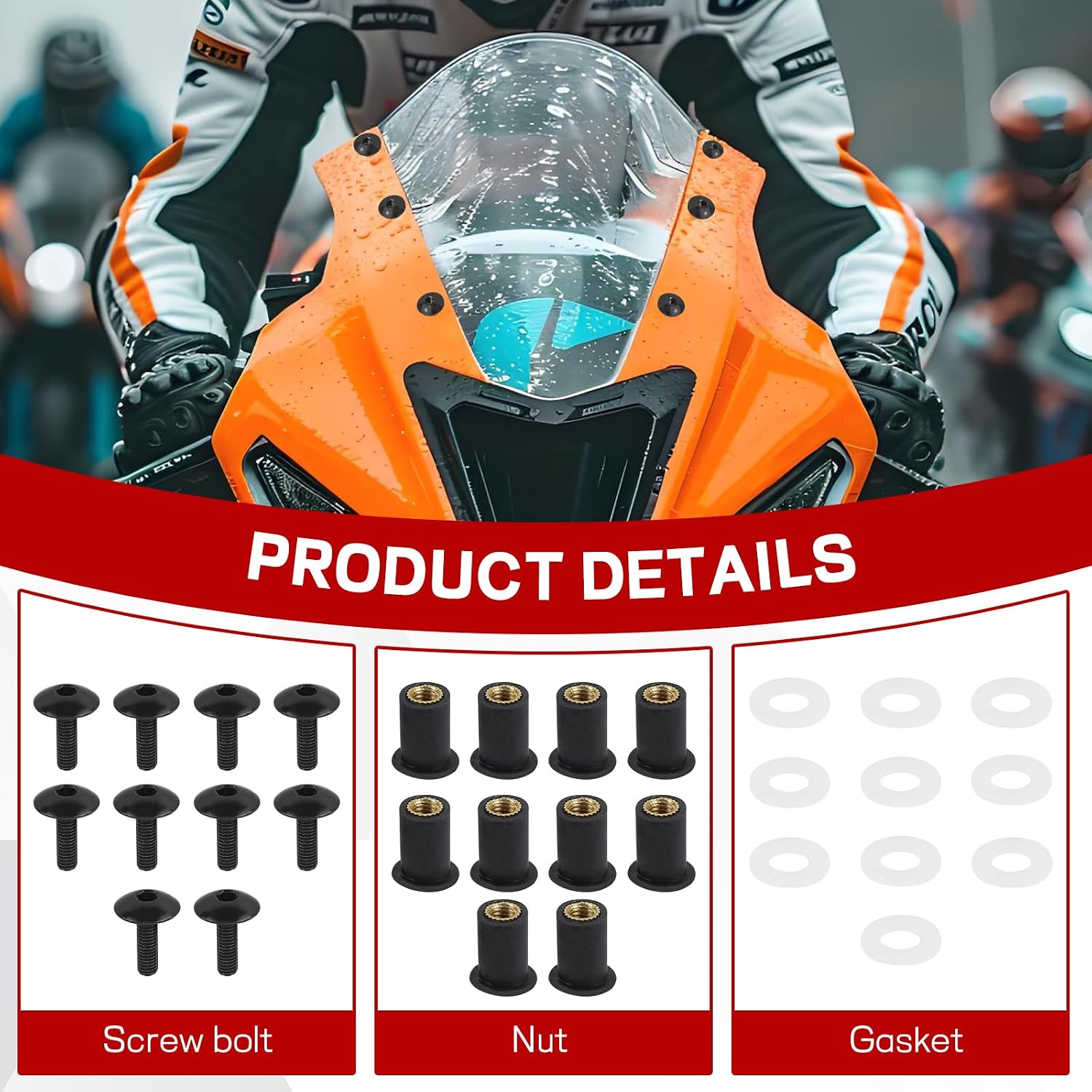 Hovom 10PCS Motorcycle Windshield Bolts Screws Kit, Aluminum Motorbike Windscreen Body Mounting Kit with Bolts Nuts Washers, M5×16mm Windshield Installation Fasteners for Motorcycle (Black)