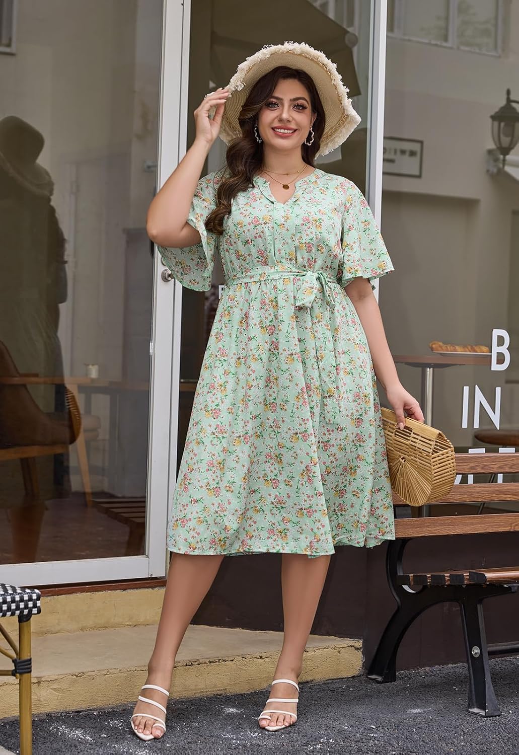 Keluummi Plus Size Summer Midi Dresses for Curvy Women, Casual Floral V Neck Empire Waist A Line Dress with Sleeve and Pocket - Image 6