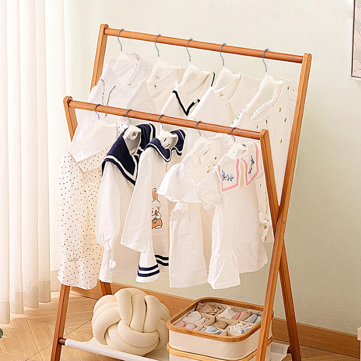 Baby Velvet Hangers, 11 Inches Kids Clothes Hangers, Non-Slip Childrens Hangers for Infant and Toddler 16 Pack Cream