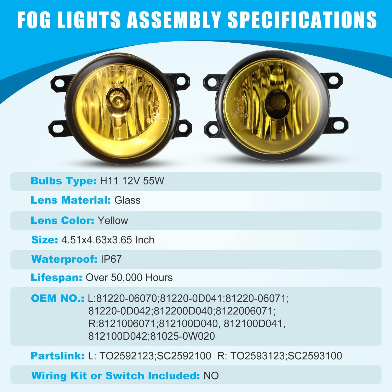 CPW Fog Lights Compatible with 2008-2010 Avalon/Highlander 2007-2014 Camry 2009-2013 Corolla 2009-2014 Matrix 2009-2012 Venza 2006-2007 Yaris 2006-2012 RAV4 2007-2008 Solara Yellow Lens