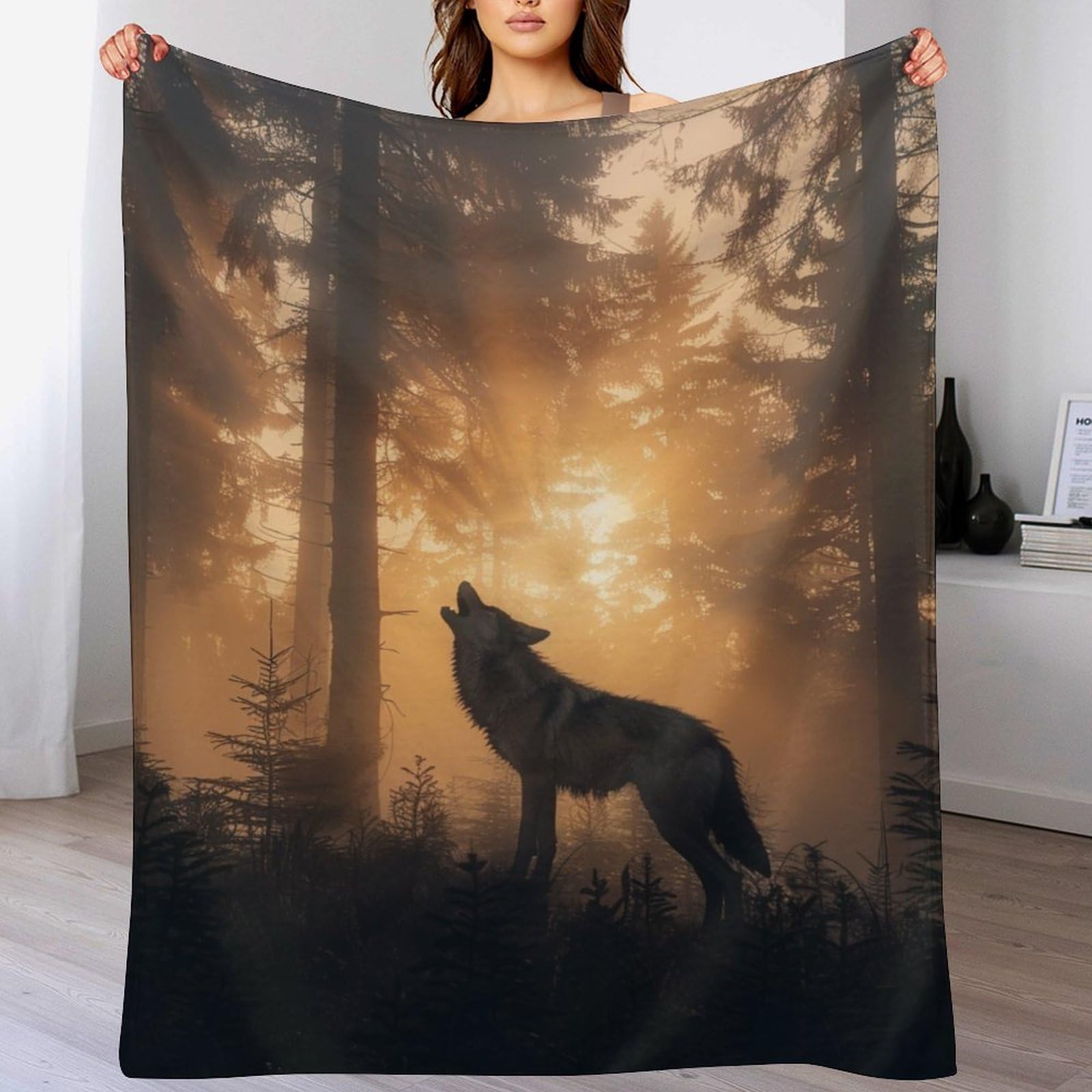 Colorful Forest Blanket Wolf Sunrise Silhouette Blanket 60"x50"