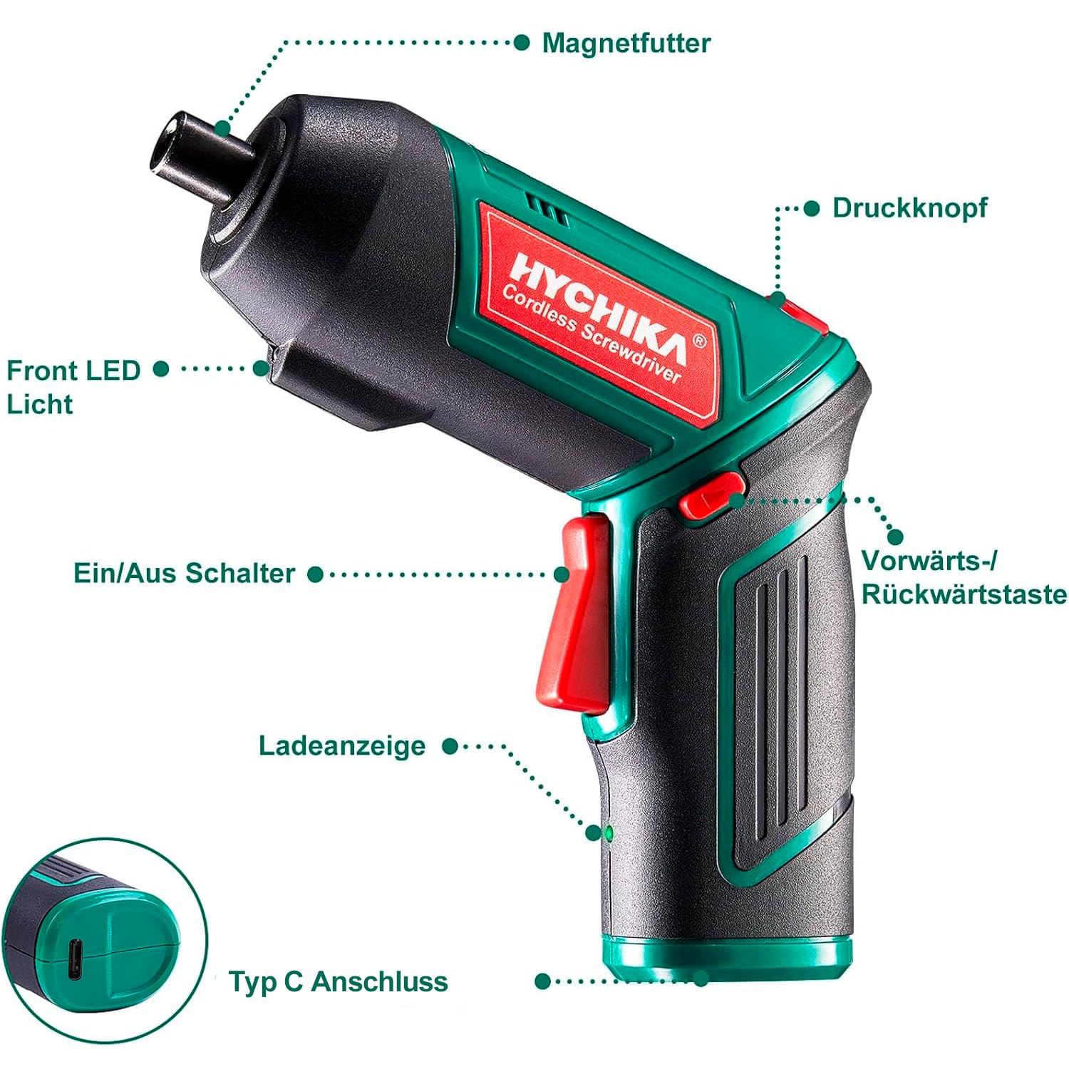 HYCHIKA Akkuschrauber, Cordless Screwdriver 6N·m Drehmoment und 2000mAh Akku 3,6V mit 20 Zubehörteilen, LED Licht, Magnetfutter für Schrauben