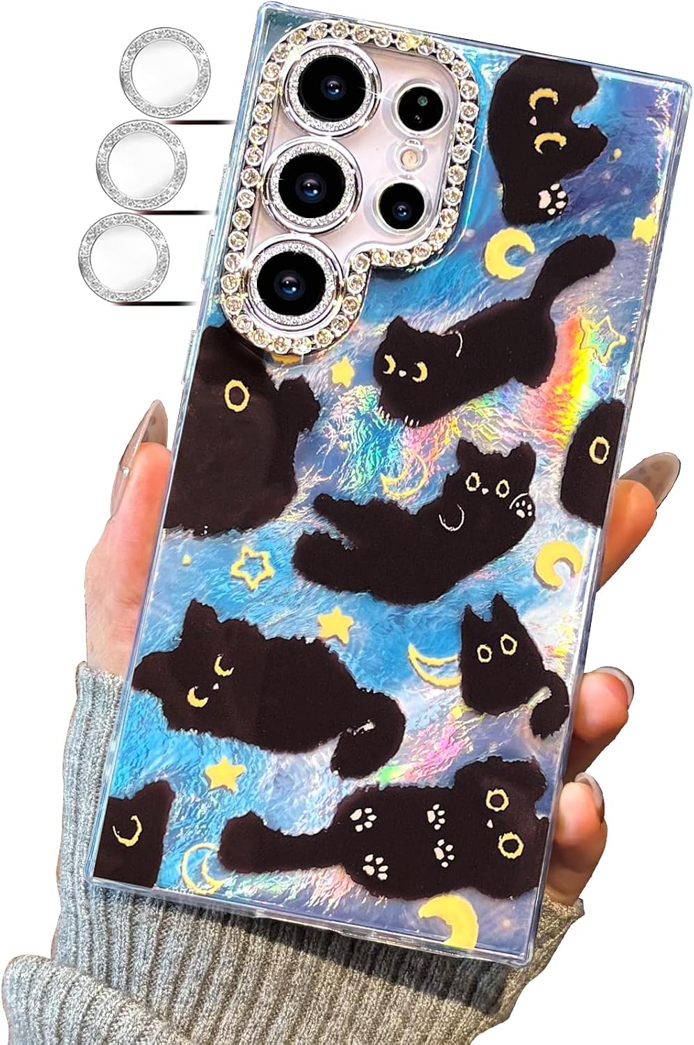 Compact Case for Samsung Galaxy S22 Ultra Black cat Design,Cute Trendy Soft Slim TPU Shockproof Protective Bumper Phone Cases Cover for Women Girls Aesthetic Glitter Shiny Adorable