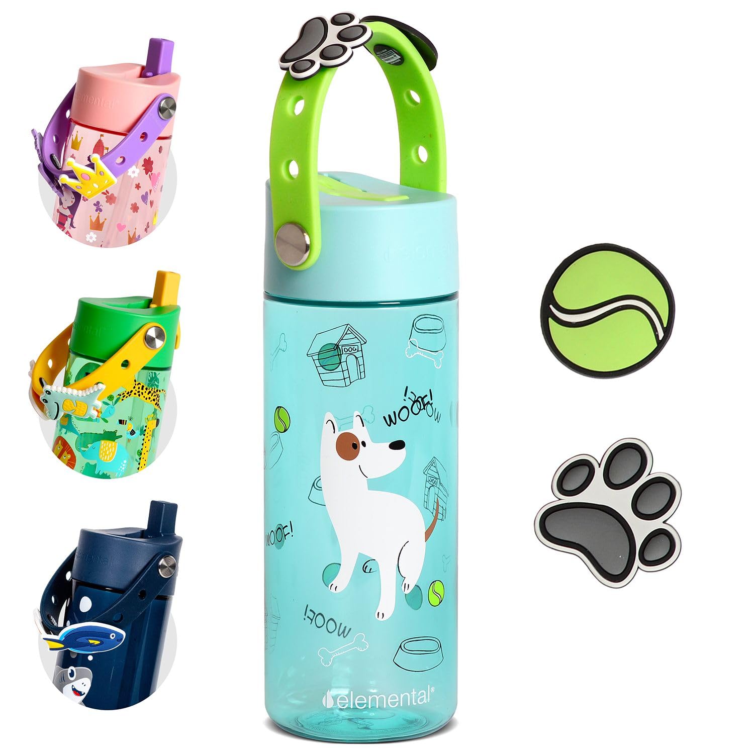 Elemental Water Bottles for Kids - Splash Kids Water Bottle for School with Fun Charm Handle - BPA Free Tritan Plastic Bottle with Straw Leak Proof