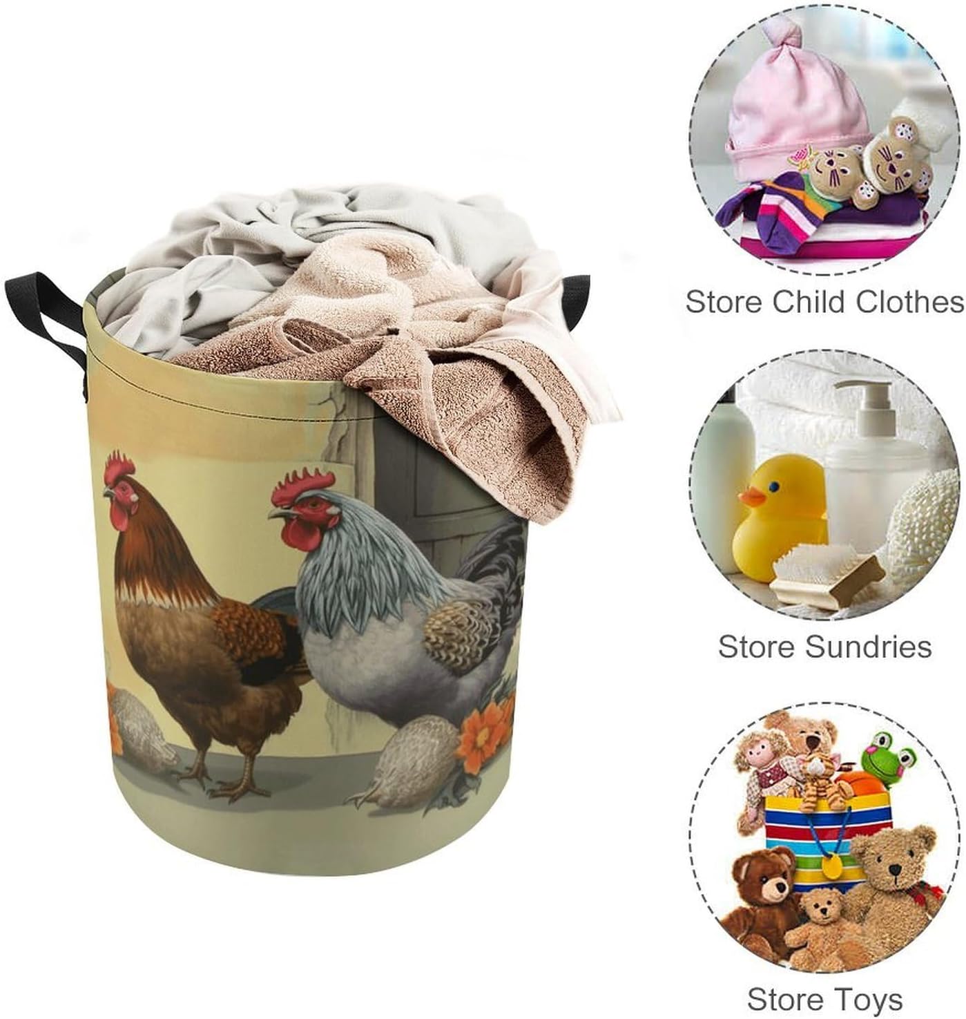 Italian Chickens Laundry Basket Collapsible Clothes Hamper with Reinforced Handles Large Capacity Waterproof Laundry Bag Freestanding Laundry Hamper for Bedroom Bathroom