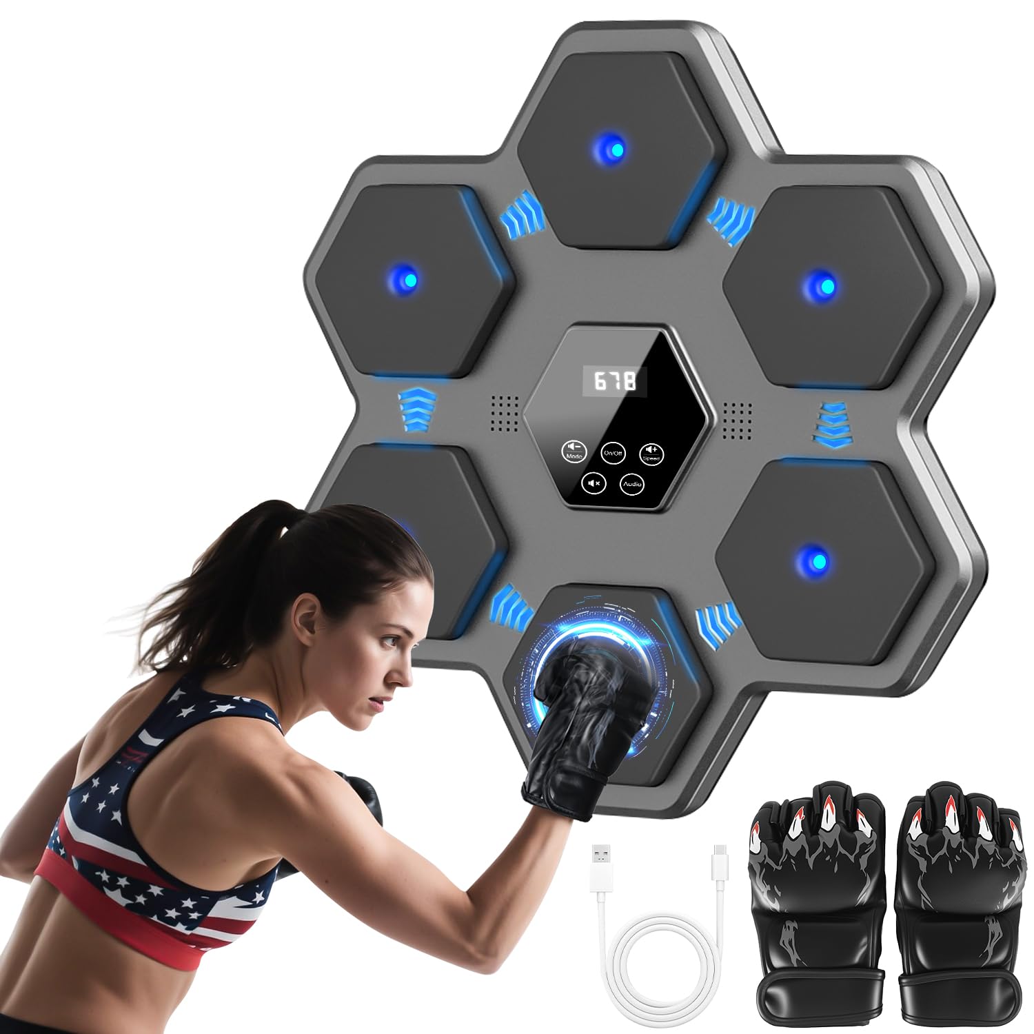 KAISASA Music Boxing Machine with Upgraded Smart Bluetooth & LED Display & Boxing Gloves - Wall Mounted Punching Machine for Home Gym, 9 Training Modes for Adults (Gray)