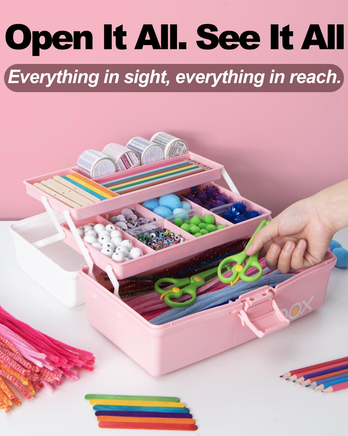 12in 3-Layer Plastic Craft Organizers and Storage, Portable Folding Tackle Box with Handle & Adjustable Dividers, Multipurpose Case for Sewing, Art Supplies, Medicine, Tools (White Pink) - Image 5
