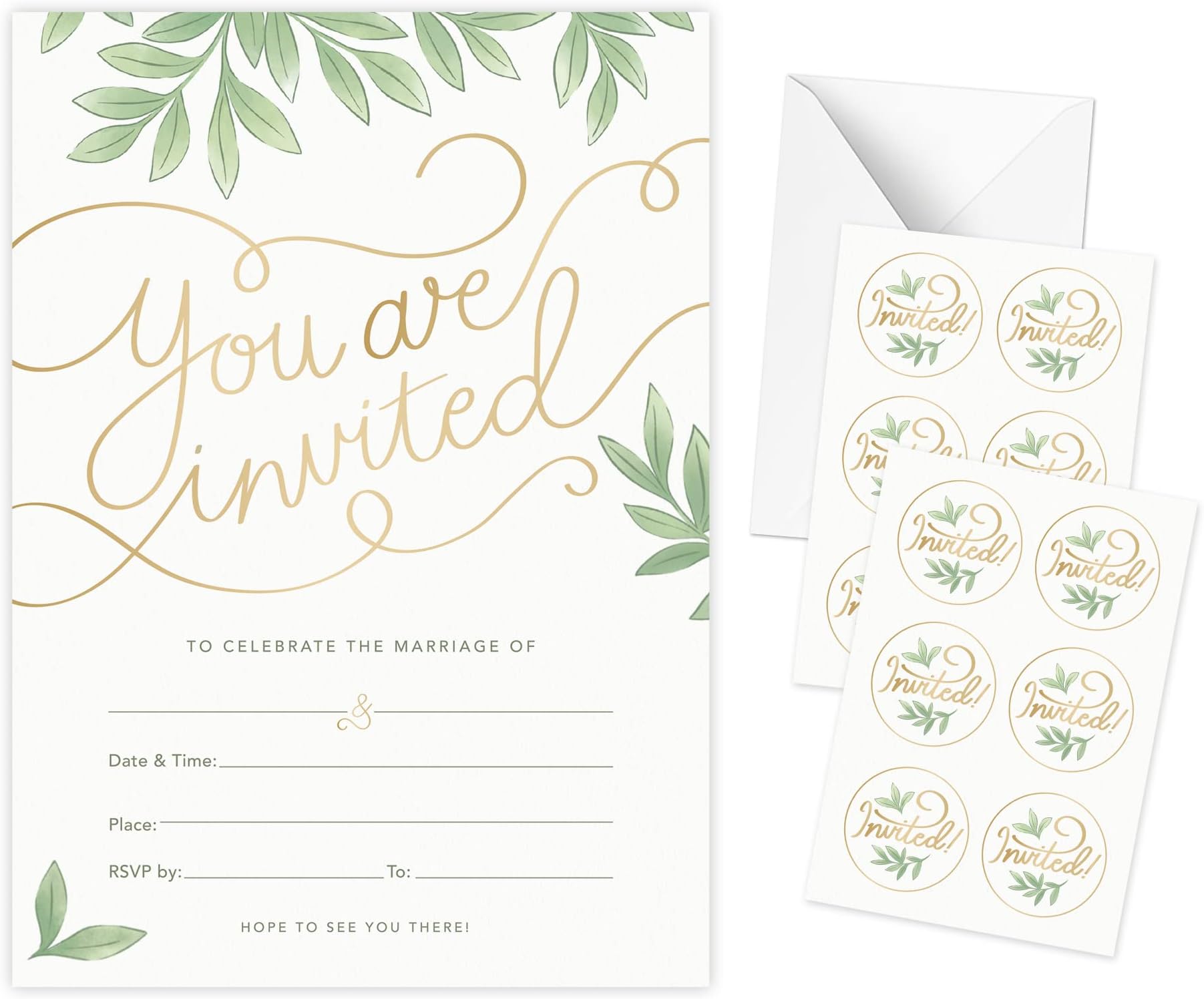 50 Pack Wedding Invitations with Envelopes, Bonus Stickers Included Invitation Cards, Gold Foil Print and Leaf Design, Wedding Invites 13x18 cm (5x7 Inches)