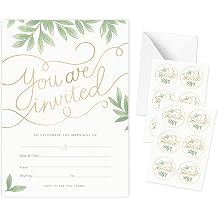 Rileys & Co 50 Pack Wedding Invitation Cards with Envelopes, Bonus Stickers Included, Gold Foil Print and Leaf Design, 13x18 cm 5x7 Inches