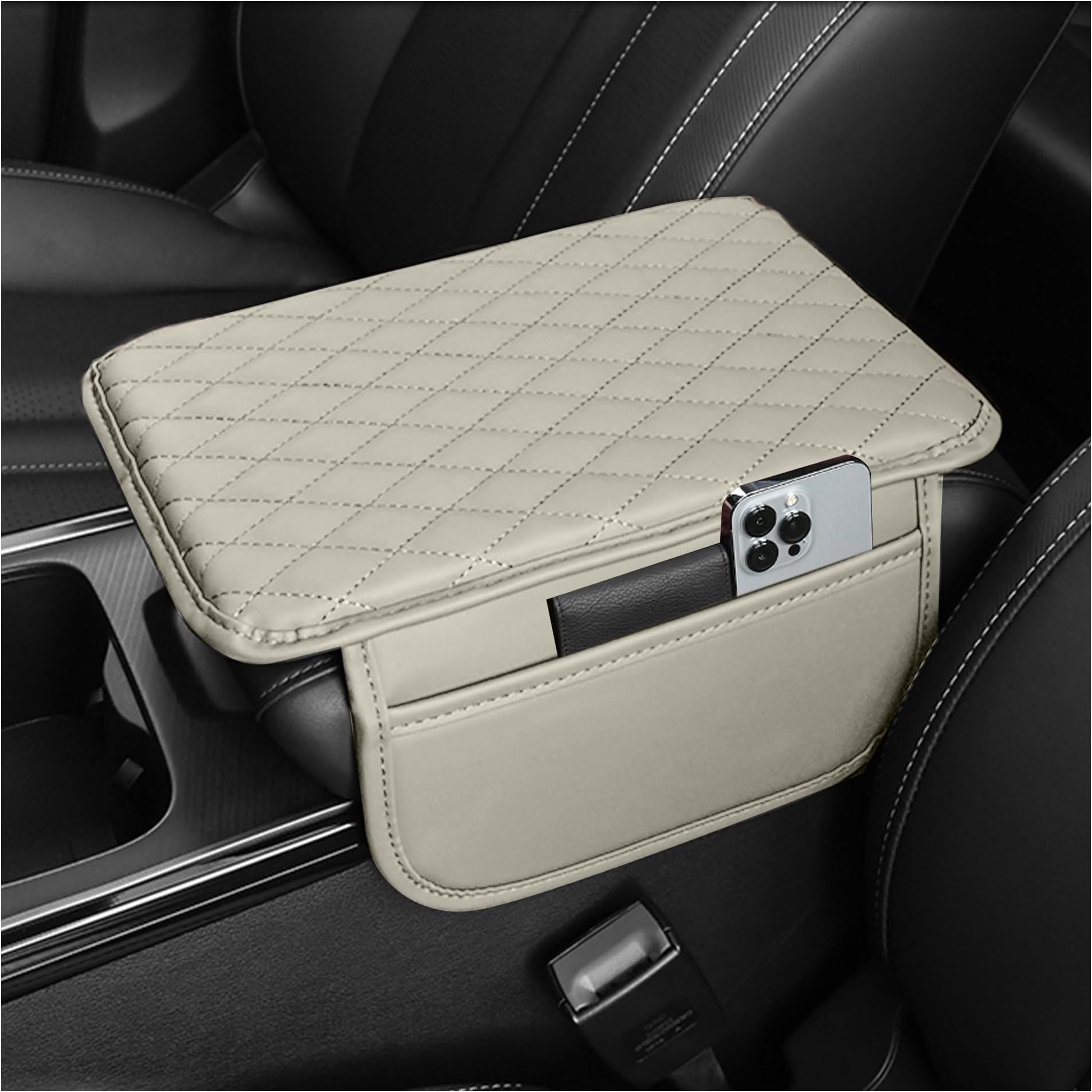Upgraded Car Center Console Cover,Microfiber Leather Car Armrest Cover Cushion with 2 Storage Bags,Universal Car Armrest Storage Box Car Interior Accessories for Most Vehicles (Light Grey)